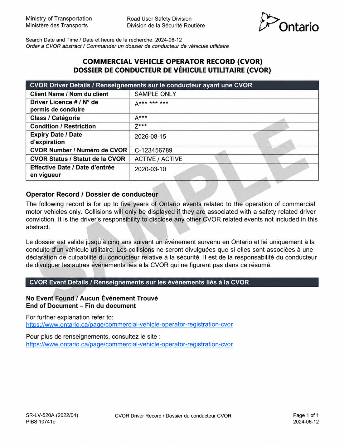 Sample Ontario CVOR driver abstract showing a commercial vehicle operator record