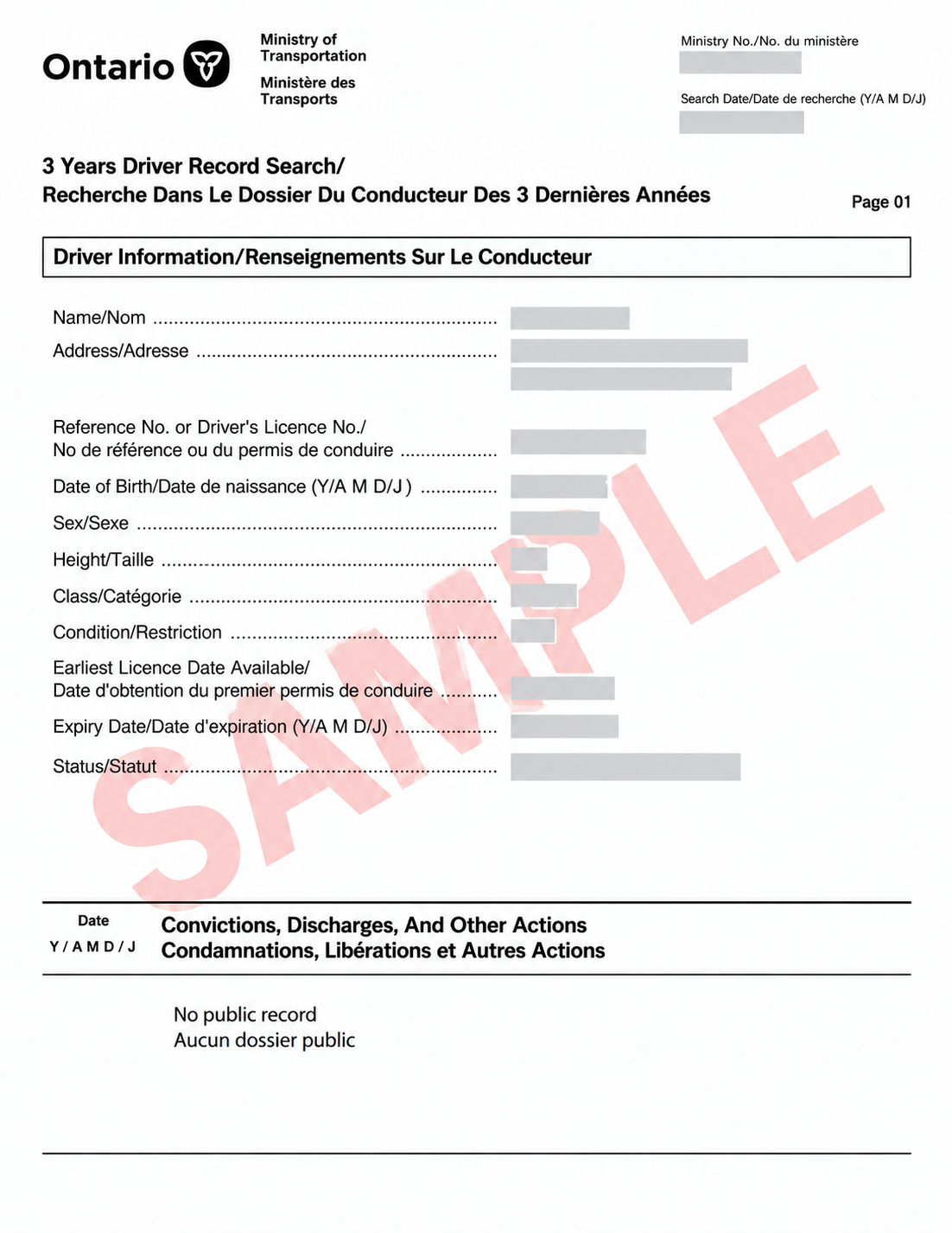 Sample Ontario driver abstract showing a 3-year driving record
